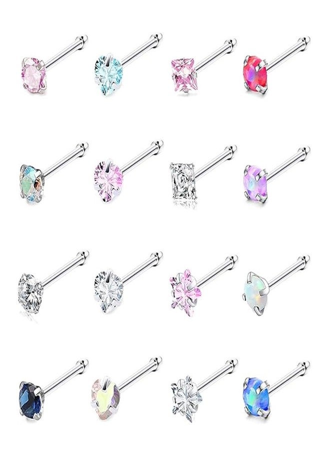 SEEDRILL 16 Pcs Hypoallergenic 20G Nose Rings Studs 316L Surgical Stainless Steel Nose Rings for Women 3mm CZ&Opal Labret Lip Nose Piercing Jewelry Straight Nose Studs 20 Gauge Nose Studs Straight Bar - Image 1